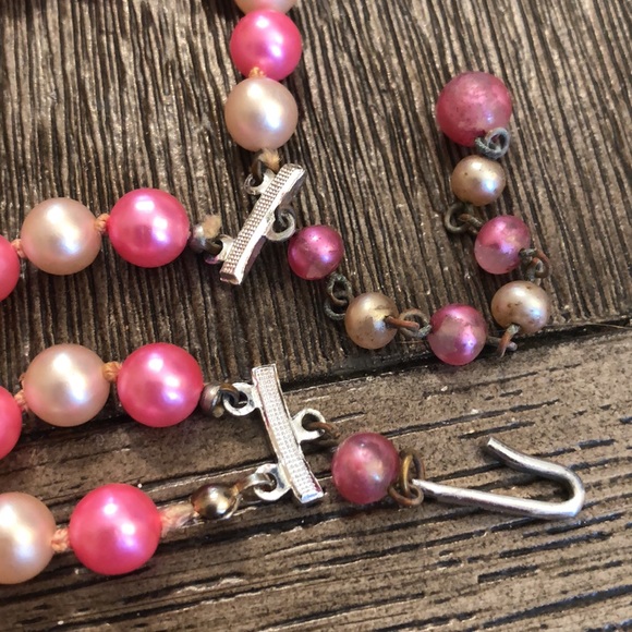 Vintage Double Stand Faux Pearls Pink & Cream Made in Japan - Picture 9 of 16